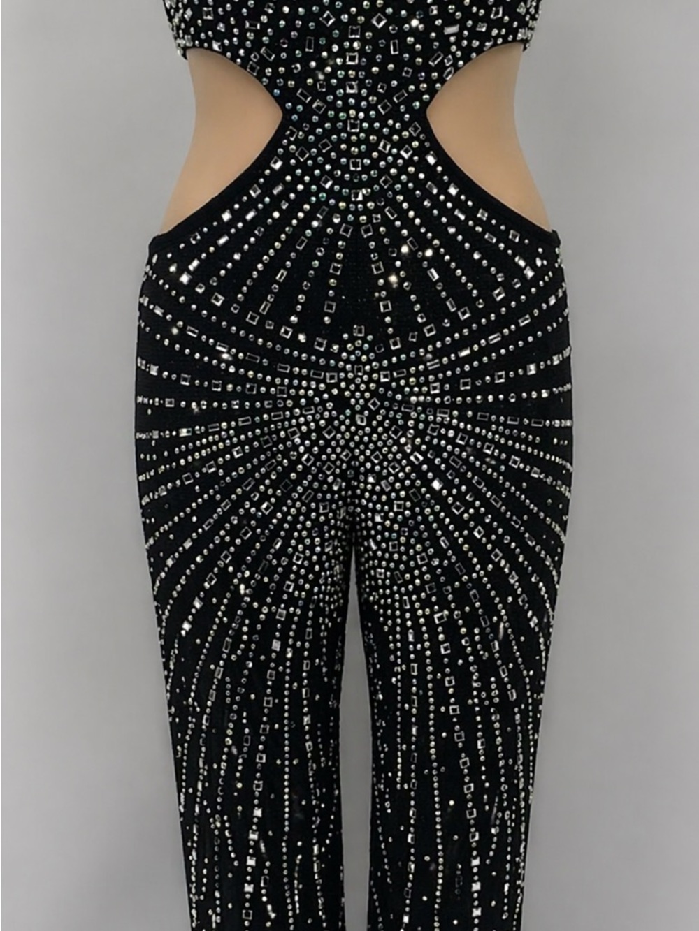 Black Rhinestone Cutout Jumpsuit XXL Glam Sparkle Bodycon One Piece - Picture 2 of 10